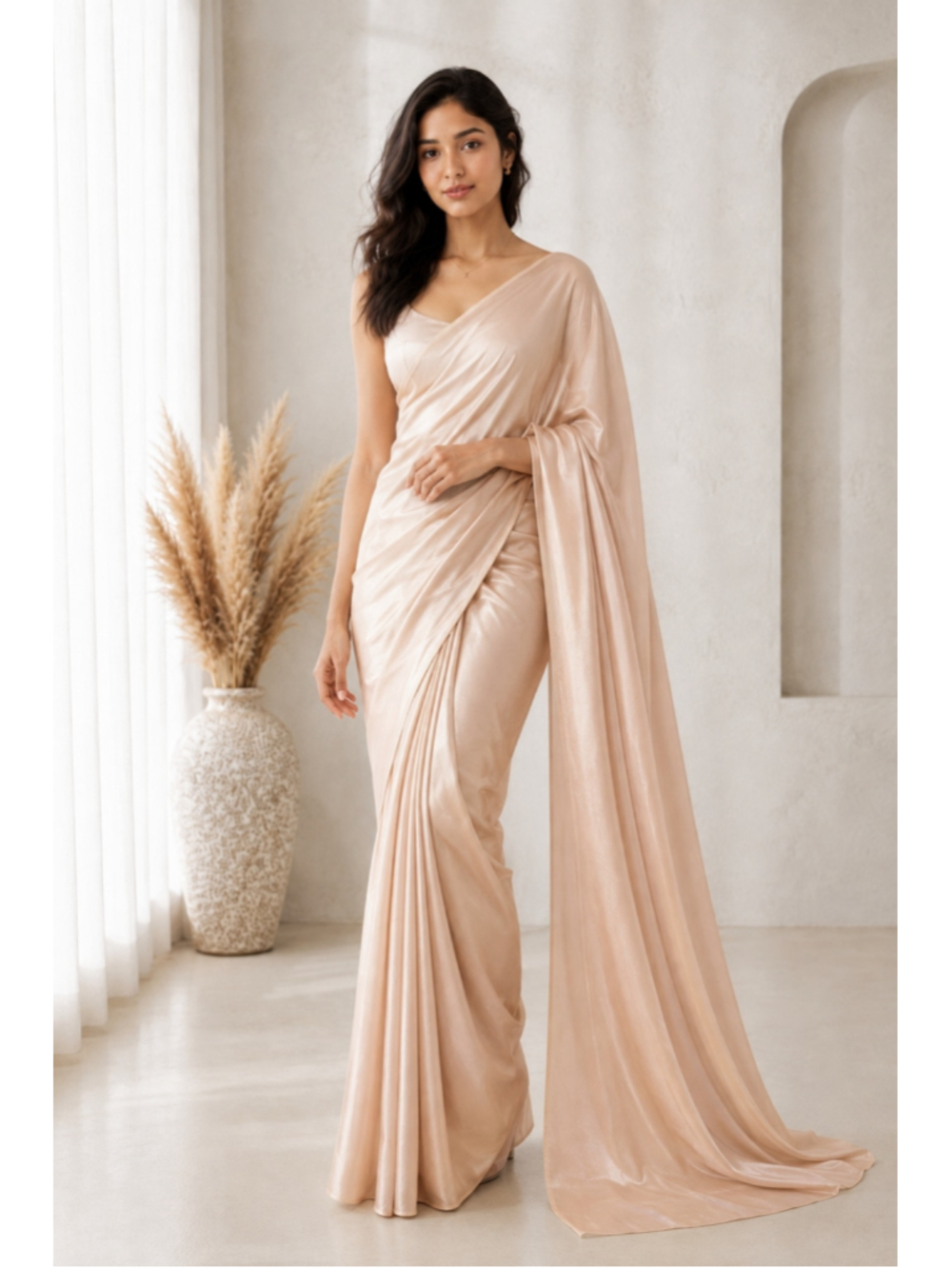 Blush Pink 1 Minute Saree | Pre-Pleated Pure Satin - Pit to Pit 20 inches